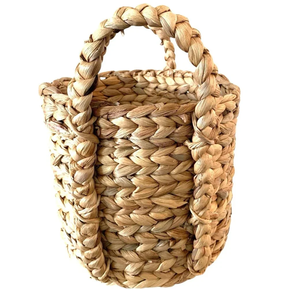 Braided Arrow Weave Round Storage Basket Two Handle Brown New 9